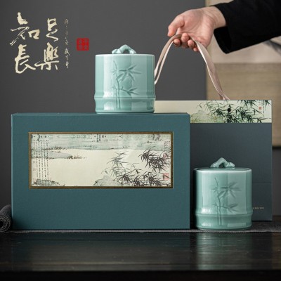 2023春茶经典龙井绿茶双罐礼盒装陶瓷家用茶叶罐密封罐高档伴手礼图4
