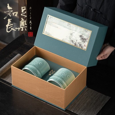 2023春茶经典龙井绿茶双罐礼盒装陶瓷家用茶叶罐密封罐高档伴手礼图2